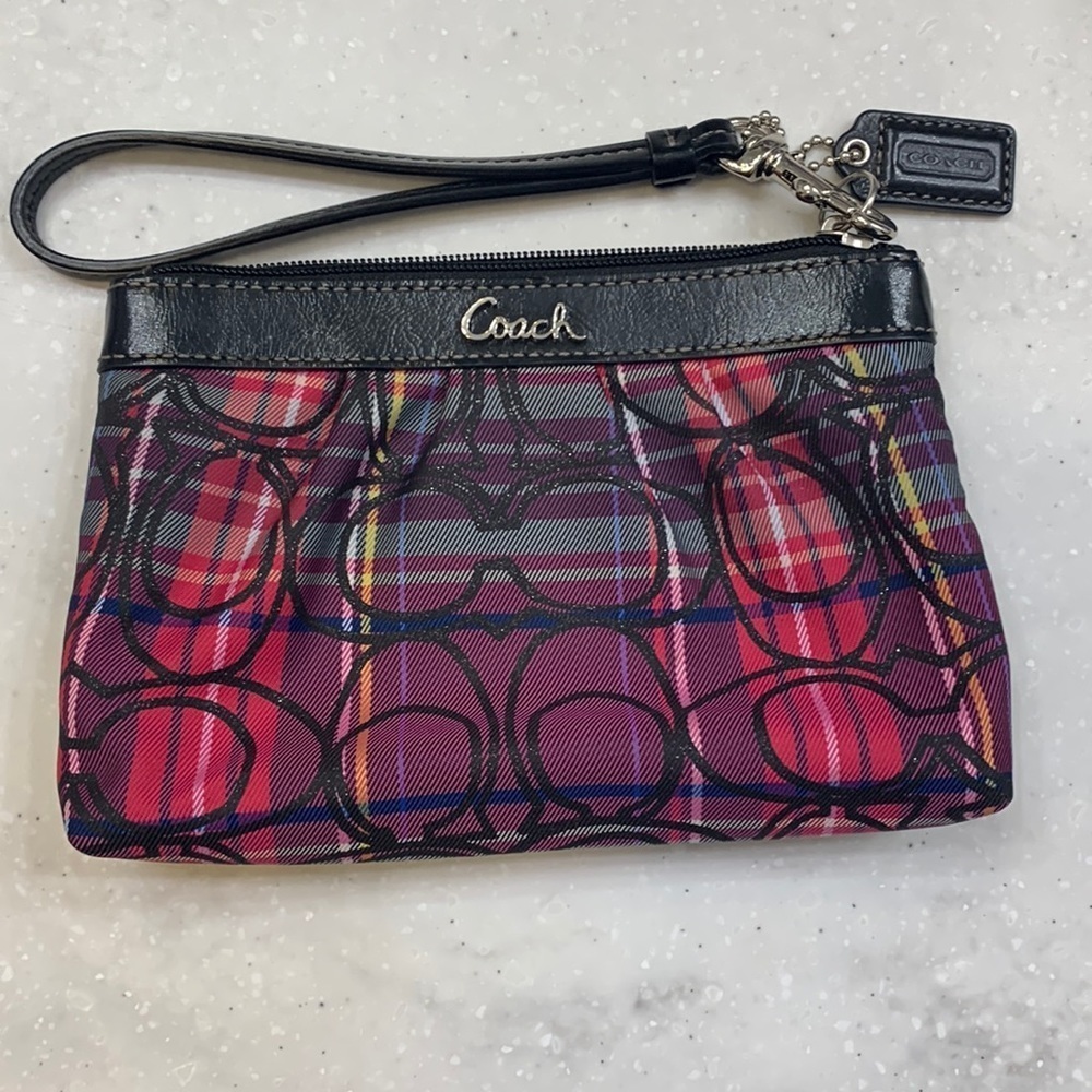 Y2K Coach Poppy Tartan Plaid Wristlet Pink Purple Black Glitter C Logo EUC Retro